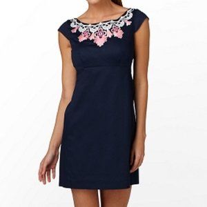 Lilly Pulitzer navy structured shift dress w/ pink and white embroidery. Size 2